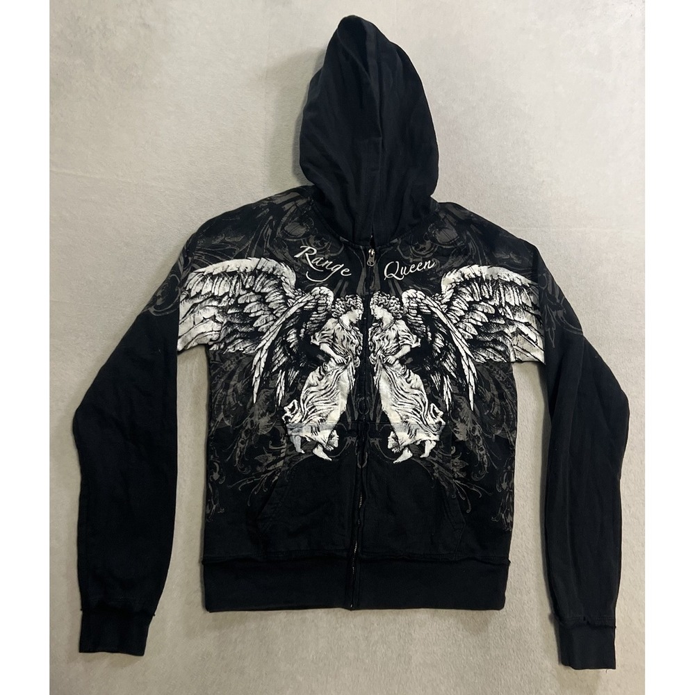 Affliction Style Iron Horse Hoodie Women's Size Large Cross Wings Range Queen